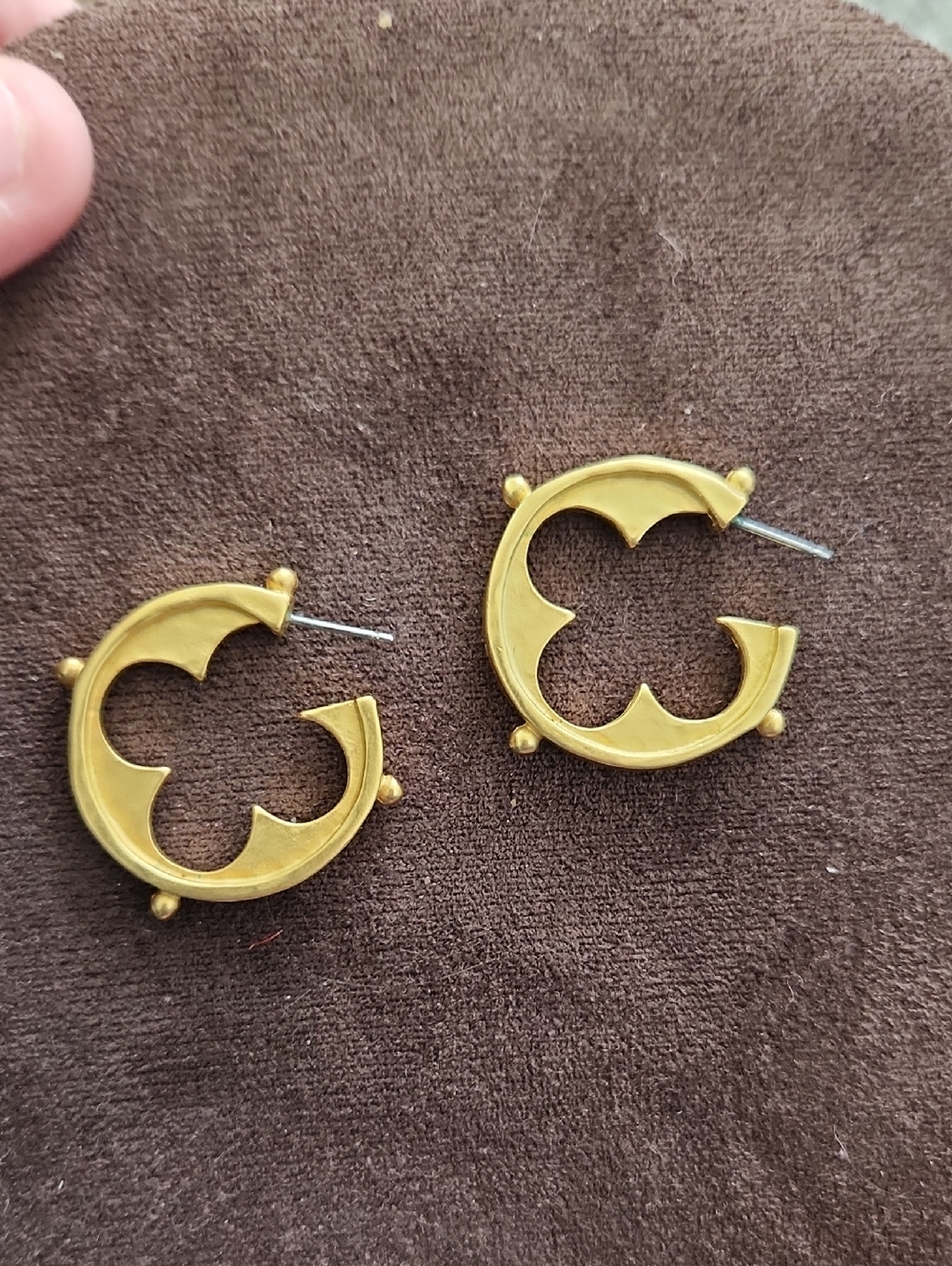 Vintage Karl Lagerfeld Matte Gold Tone Openwork‎ Crescent Hoop Earrings
